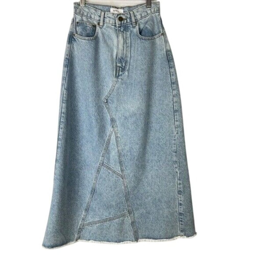 Vintage Spell Maxi Denim Maxi Skirt With Unique Seam Details & Frayed Hem Size 4